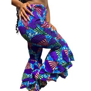 Purple 70s flare ruffle african print pants